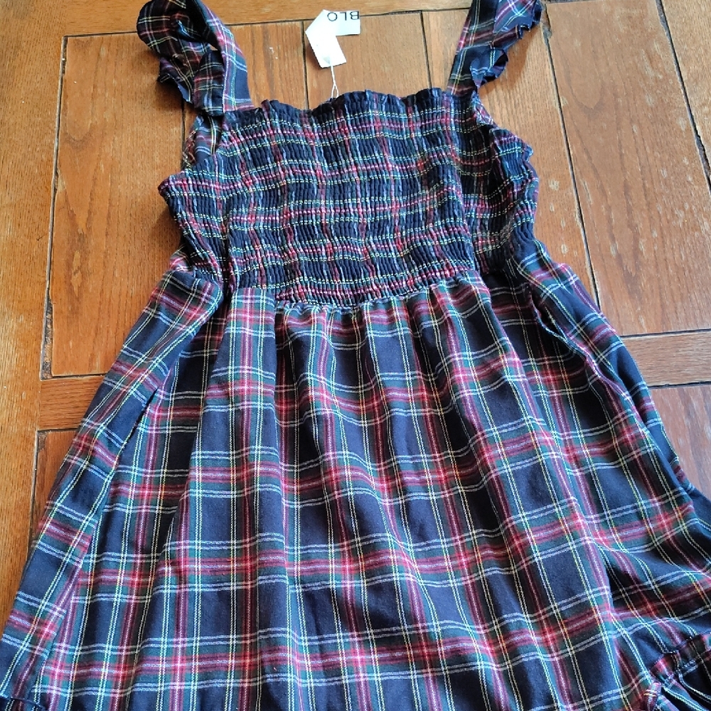 Women's Plaid Sundress with Ruffle Straps - Navy & Red